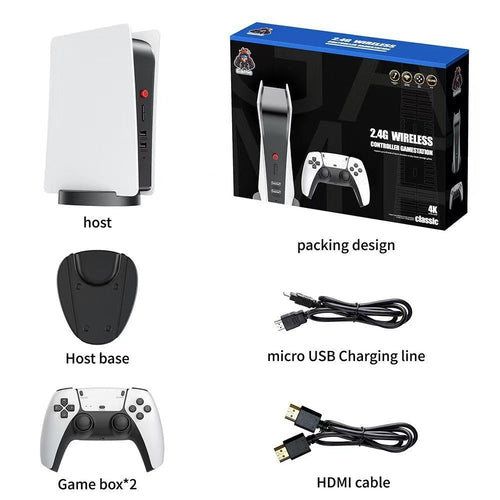 Gaming console set with host, packaging design, base, charging line, HDMI cable, and game boxes on a white background.