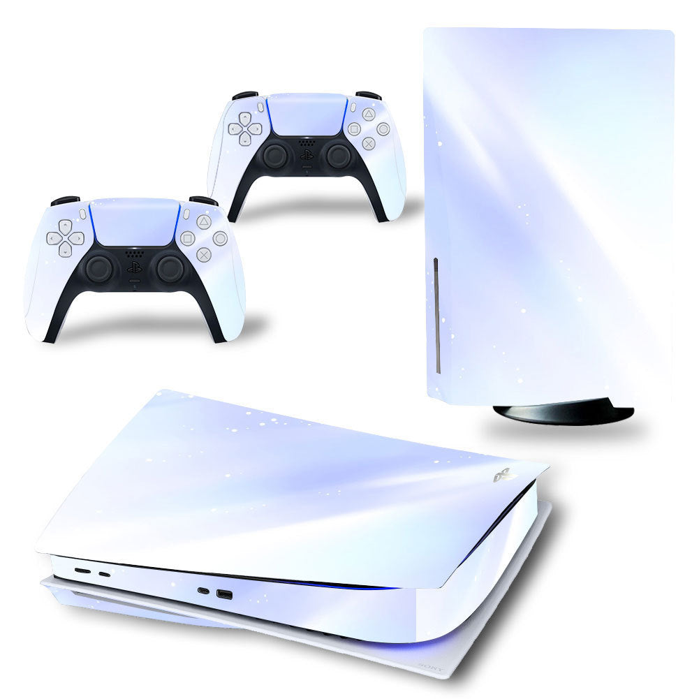 Glossy white gaming console and controllers on a white background
