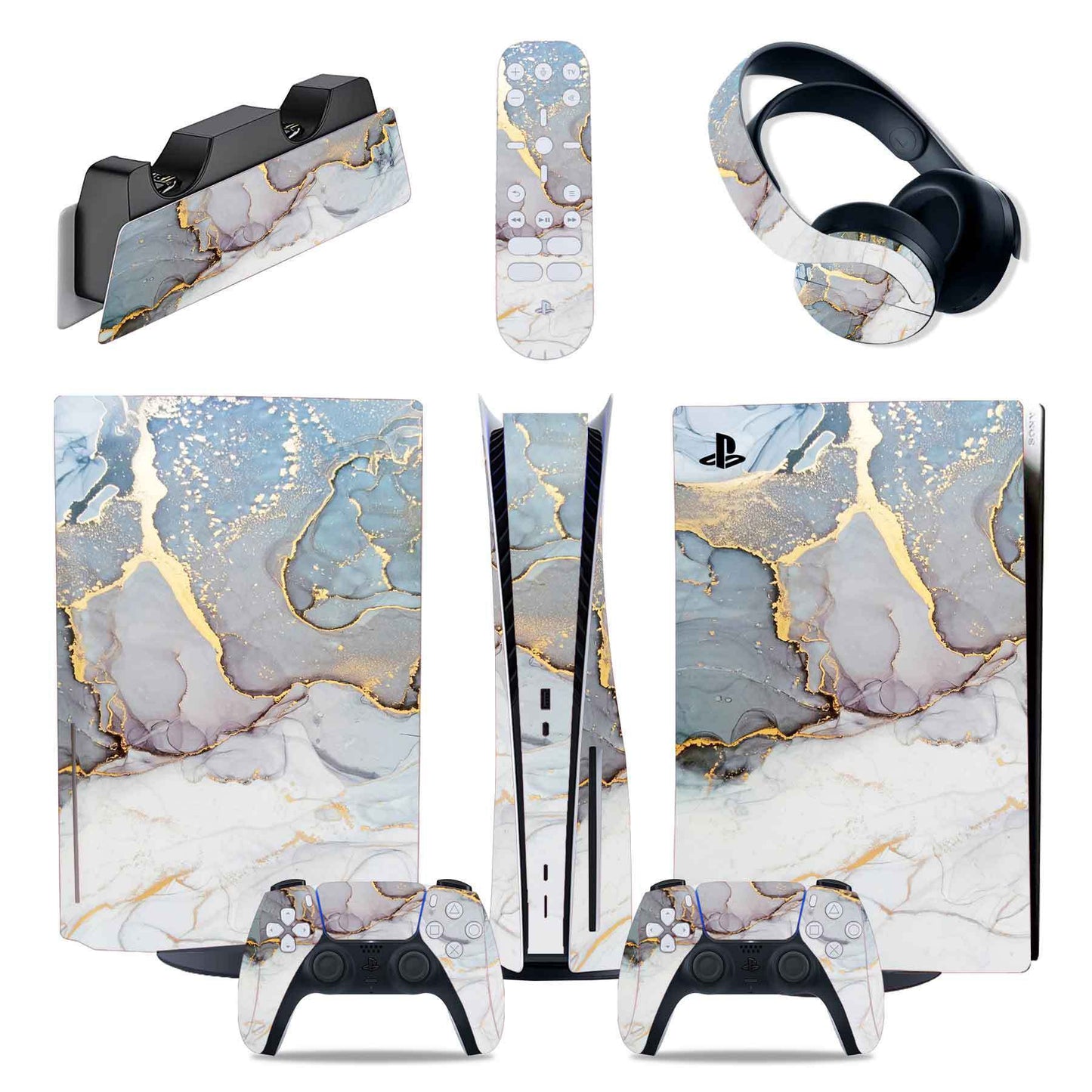 Gaming console and accessories with marble pattern skin on a white background