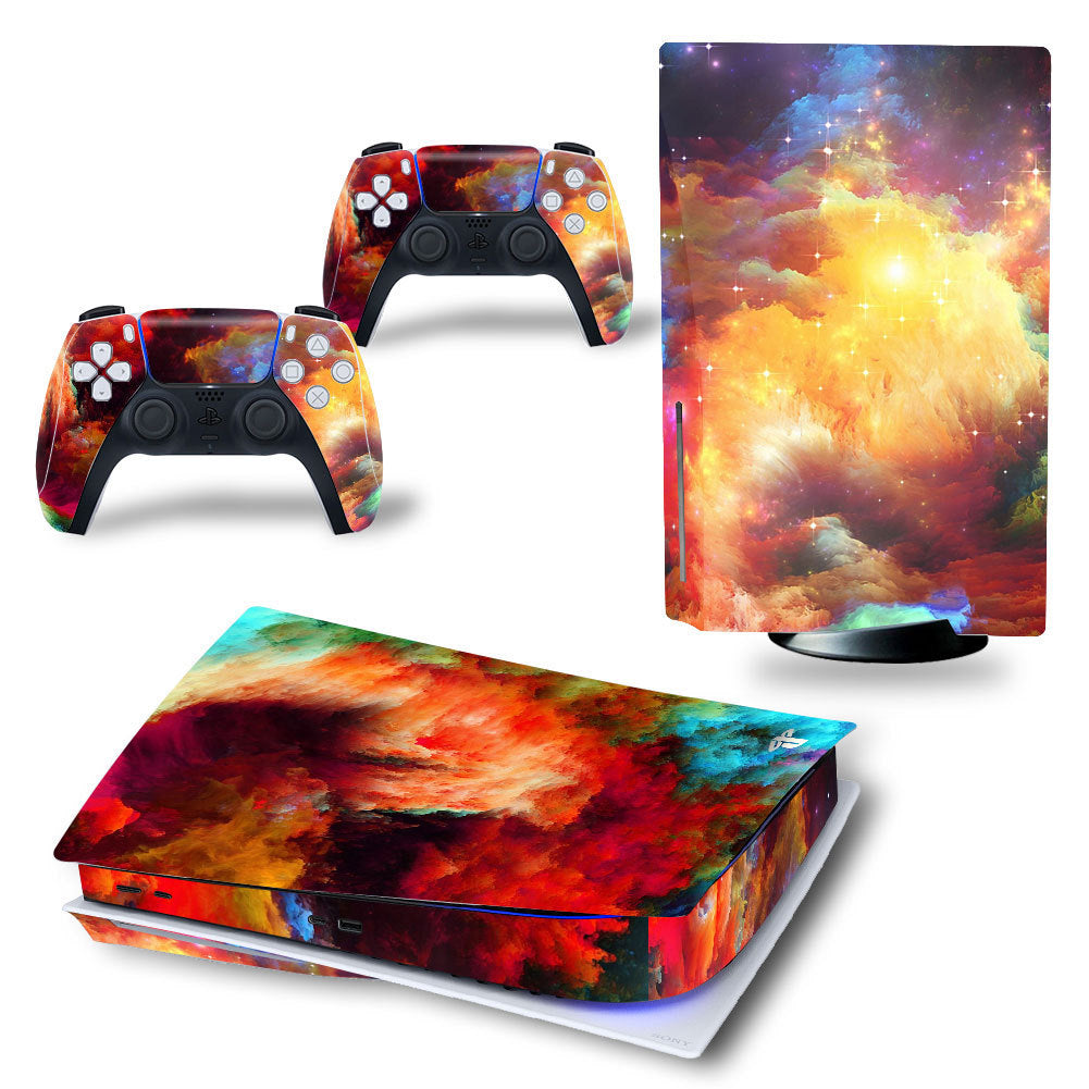 Gaming console and controllers with a colorful nebula design on a white background