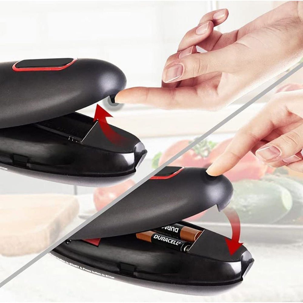 Black device with a button being pressed, showing battery inside, on a white background.