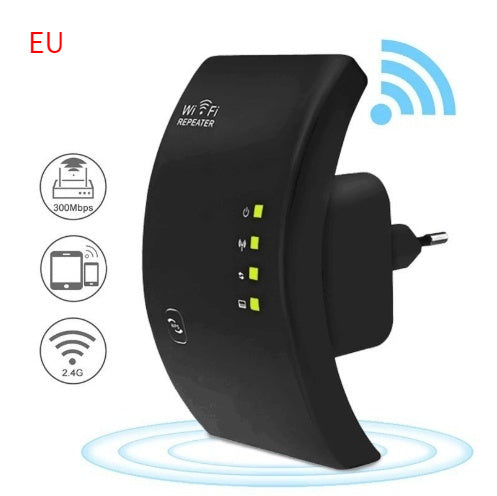 Black WiFi repeater with Wi-Fi symbols and text on a white background