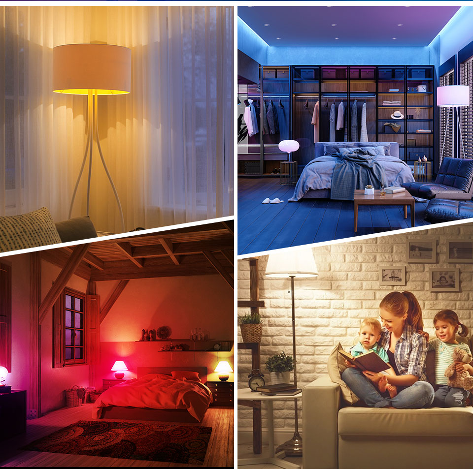 Collage of four different bedroom scenes with various lighting and decor.
