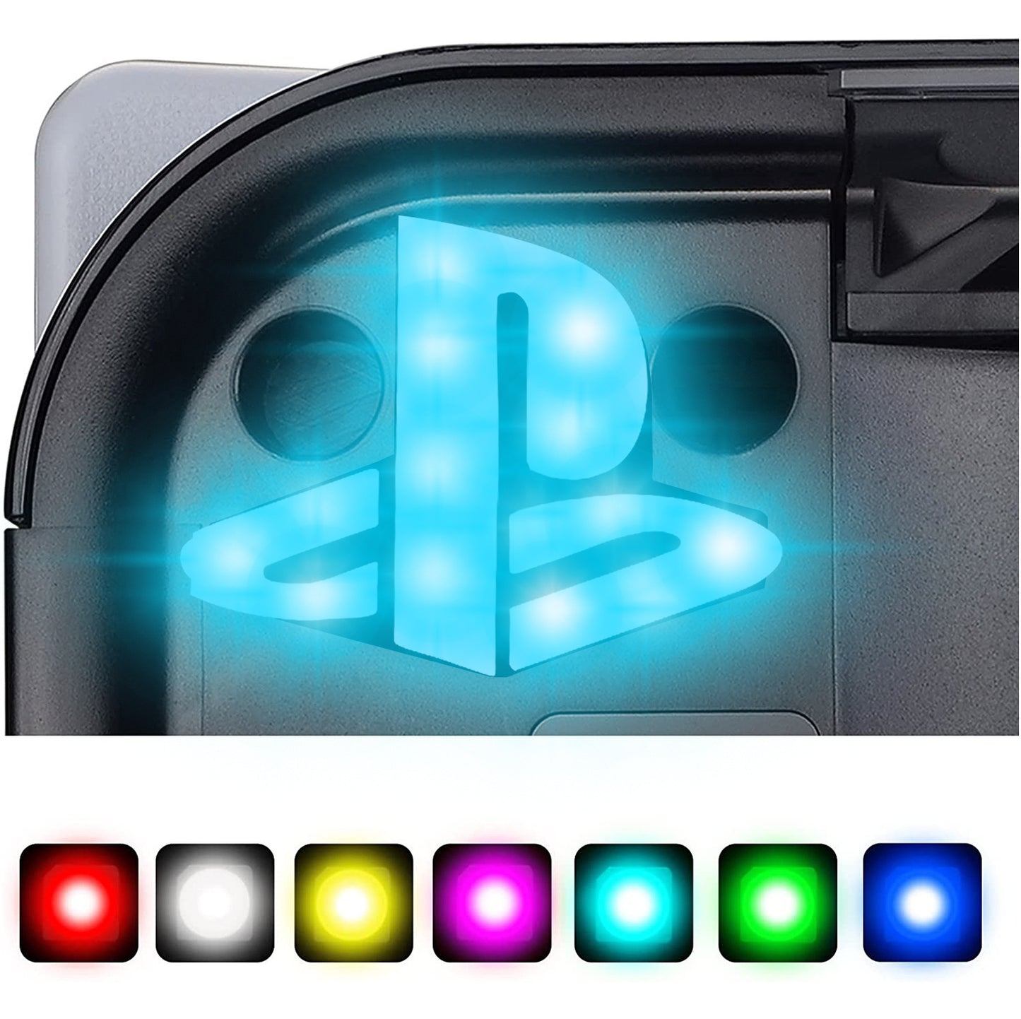 Glowing PlayStation logo on a gaming console with color options displayed below.