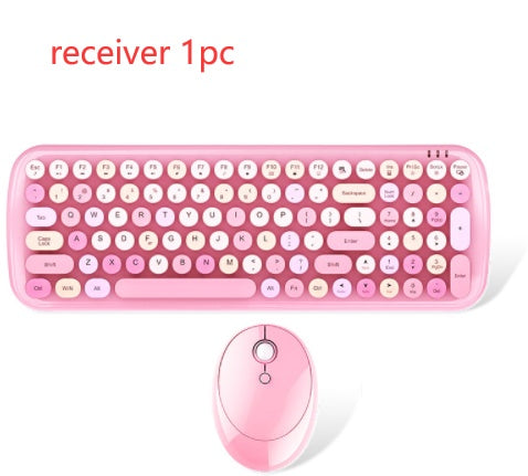Pink wireless keyboard and mouse set on a white background with 'receiver 1 pc' text.