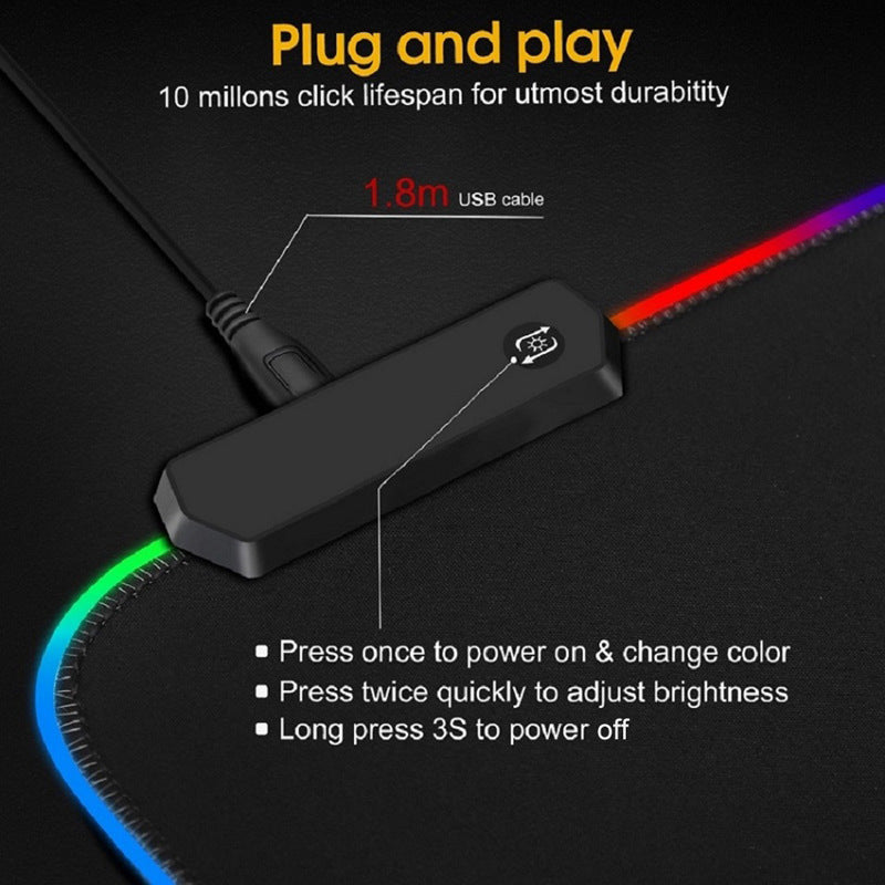 Black USB cable with RGB lighting on a black background, featuring text about plug-and-play functionality and cable specifications.