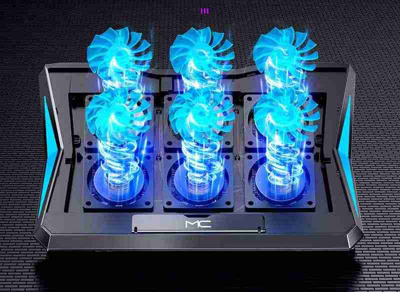 Three glowing blue fans on a black background