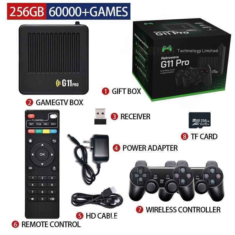 G11 Pro gaming console package with box, remote control, receiver, power adapter, wireless controller, and accessories.