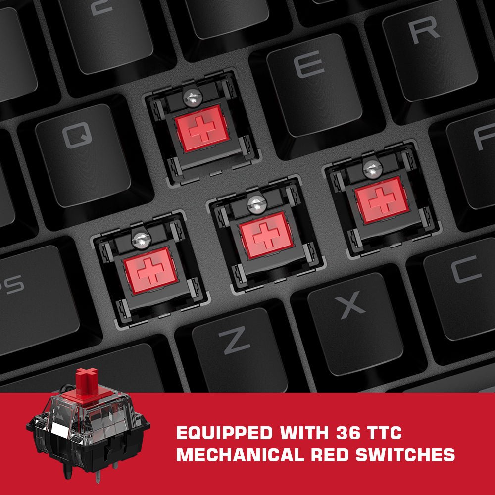 Close-up of a keyboard with red mechanical switches and a red switch on display.