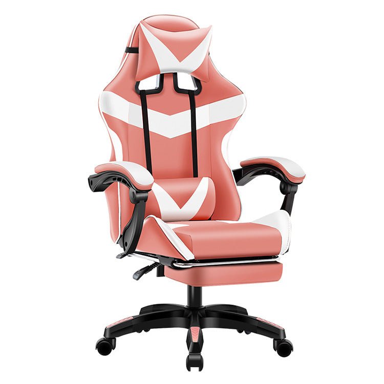 Pink and white gaming chair with black accents on a white background