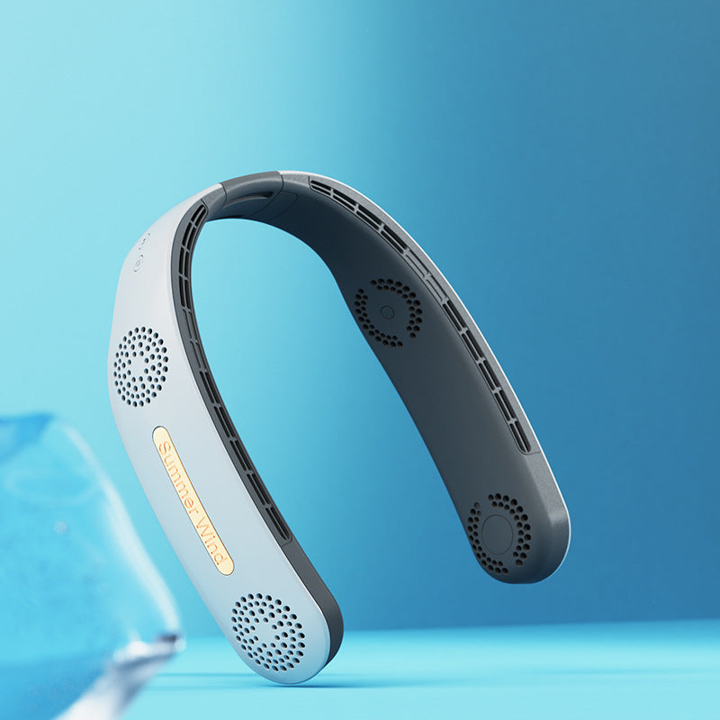 Wireless neck fan on a blue background