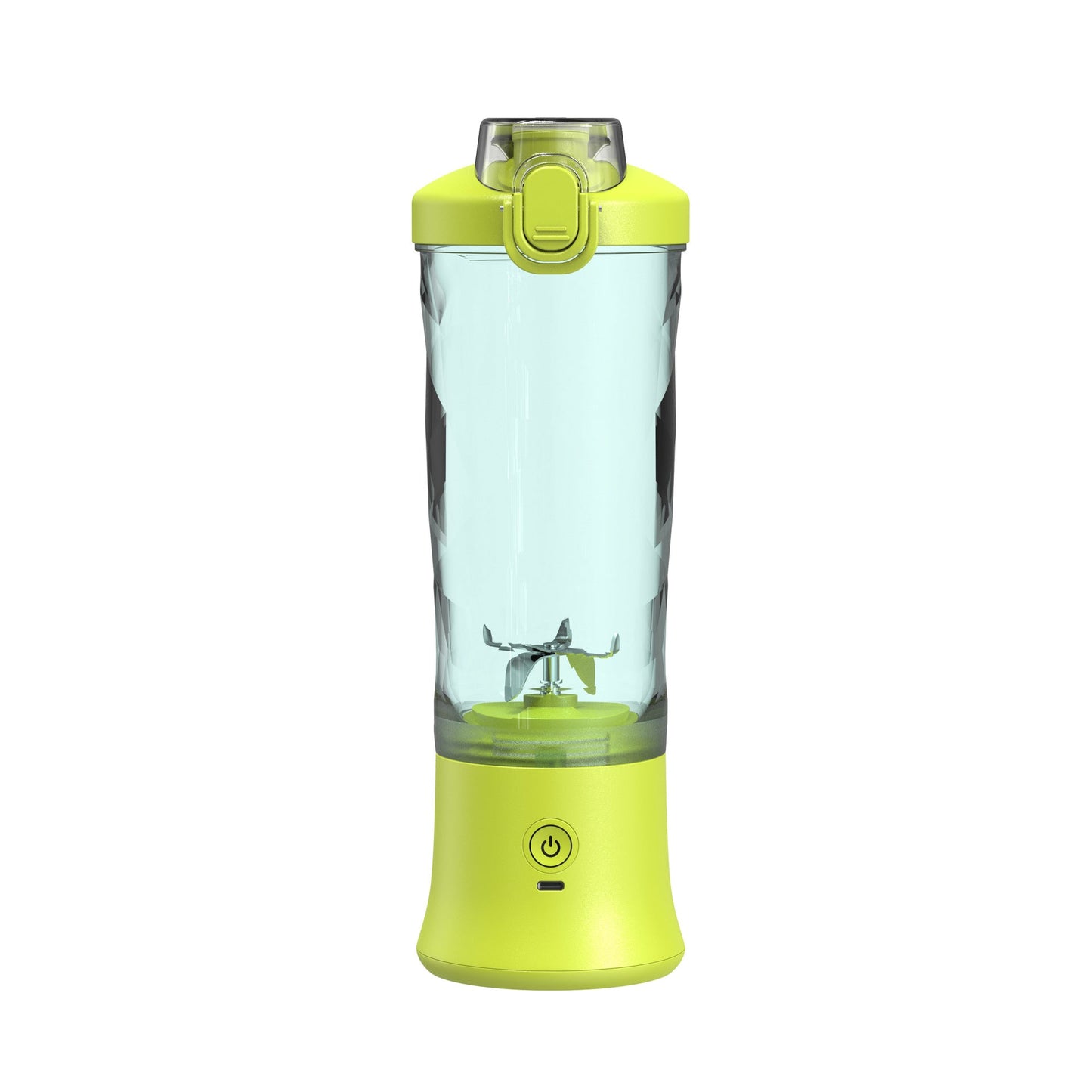 Portable blender with a green base and clear container on a white background