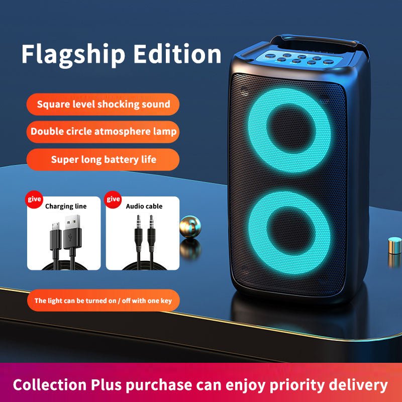 Portable speaker with glowing circles on a reflective surface, featuring text about features and accessories.