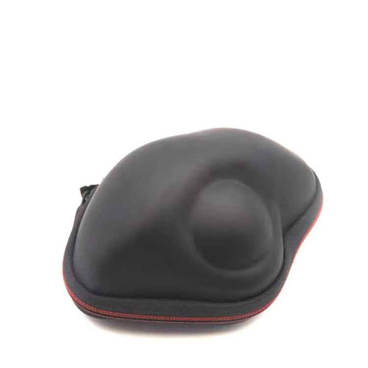Black ergonomic mouse pad with red stitching on a white background
