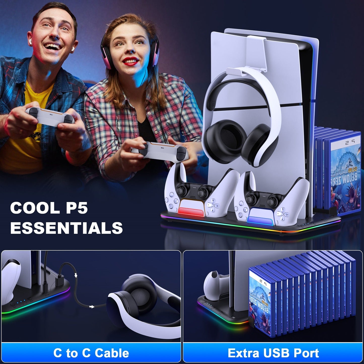 Gaming setup with controllers, headset, and gaming accessories on a dark background