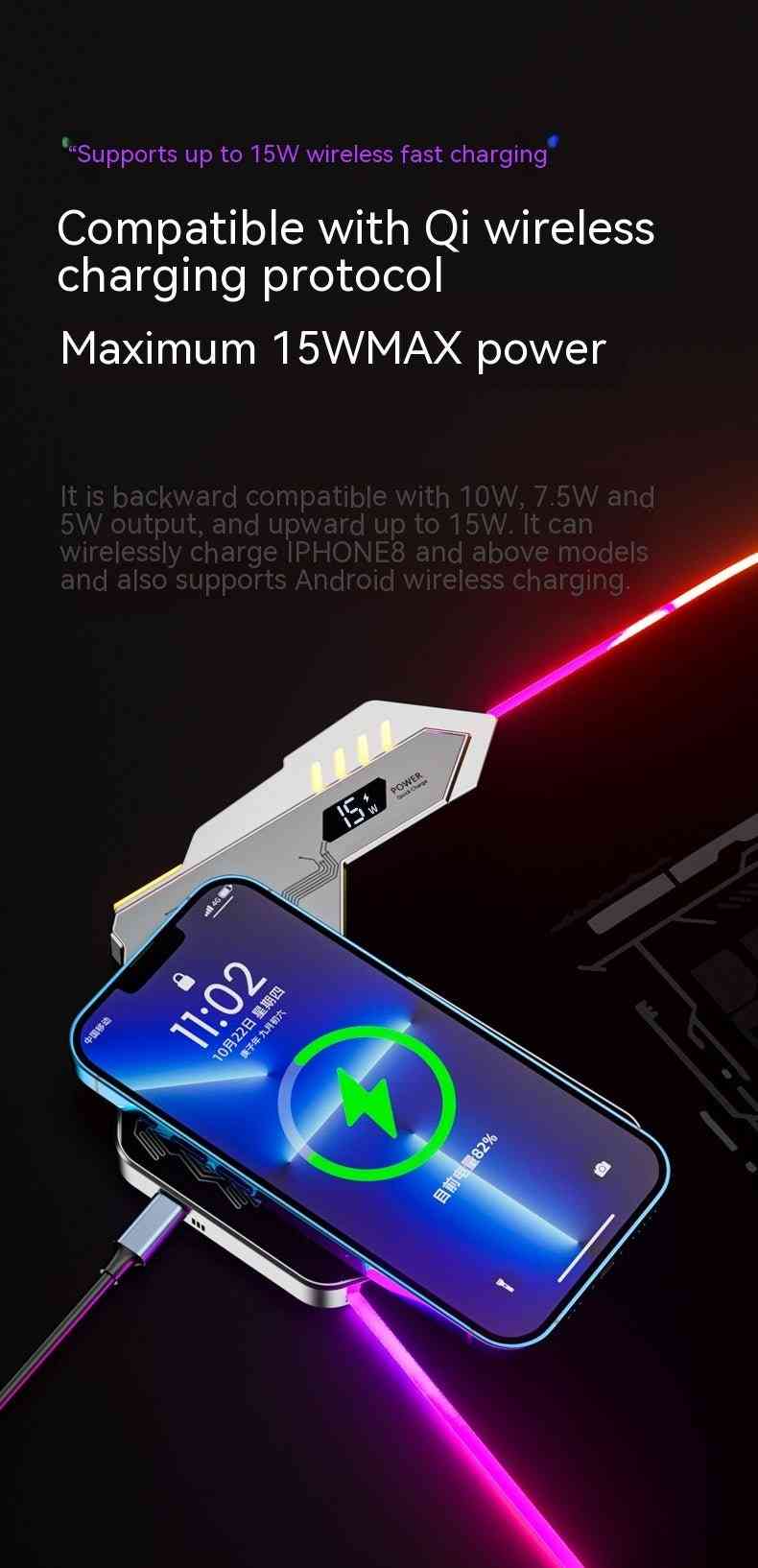 Phone charging stand with wireless charging capabilities on a dark background