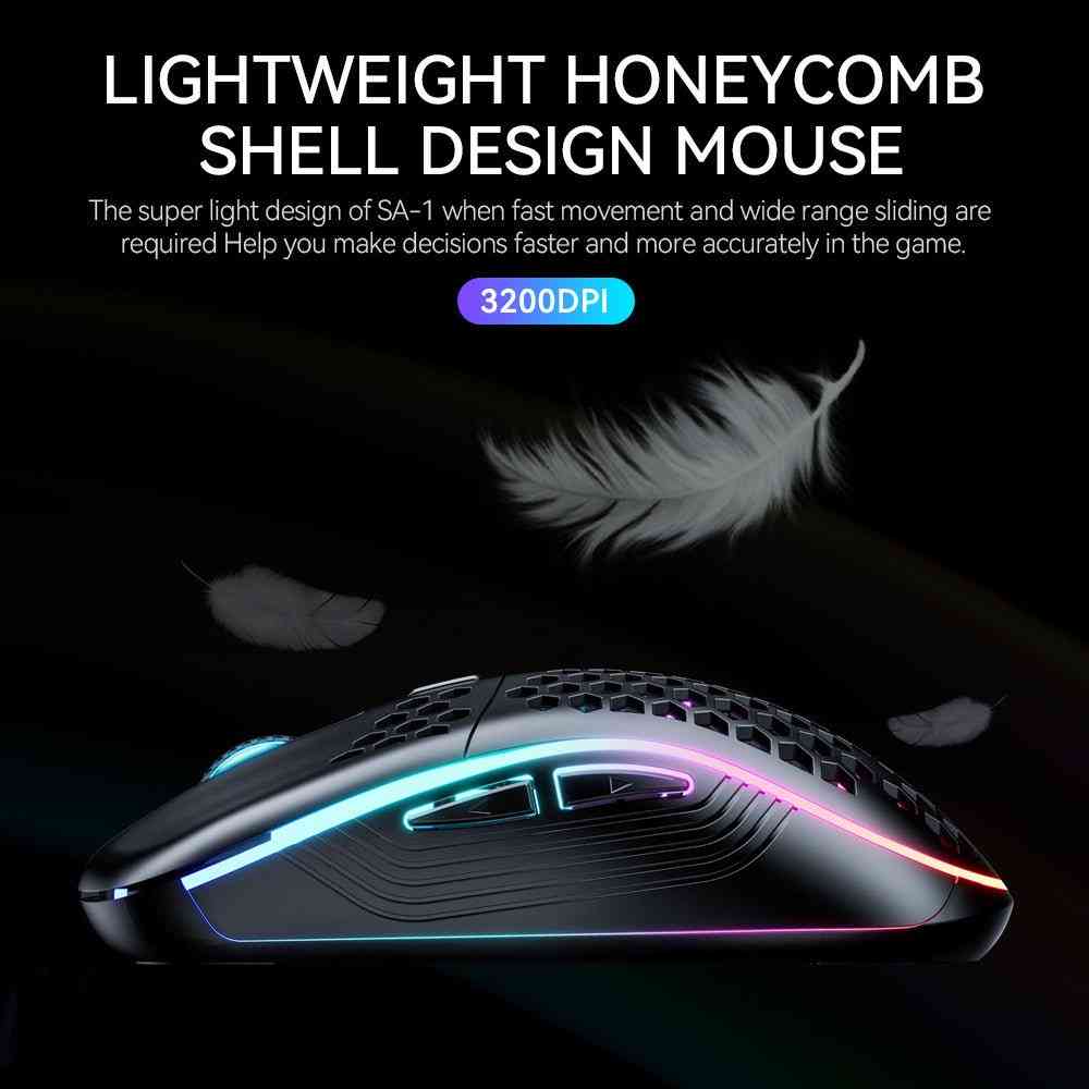 Gaming mouse with honeycomb shell design on a dark background
