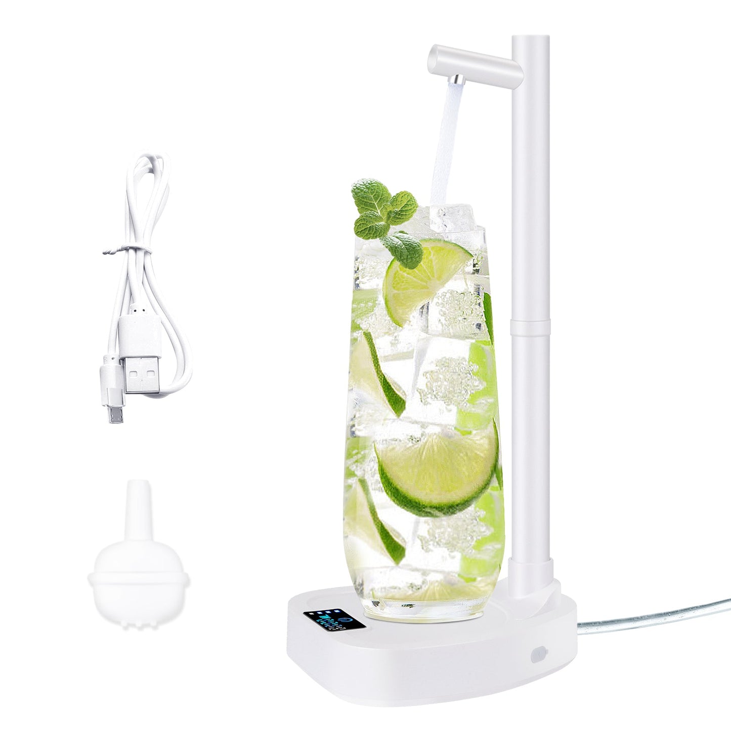 White USB humidifier with a glass of water infused with lime and mint on a white background