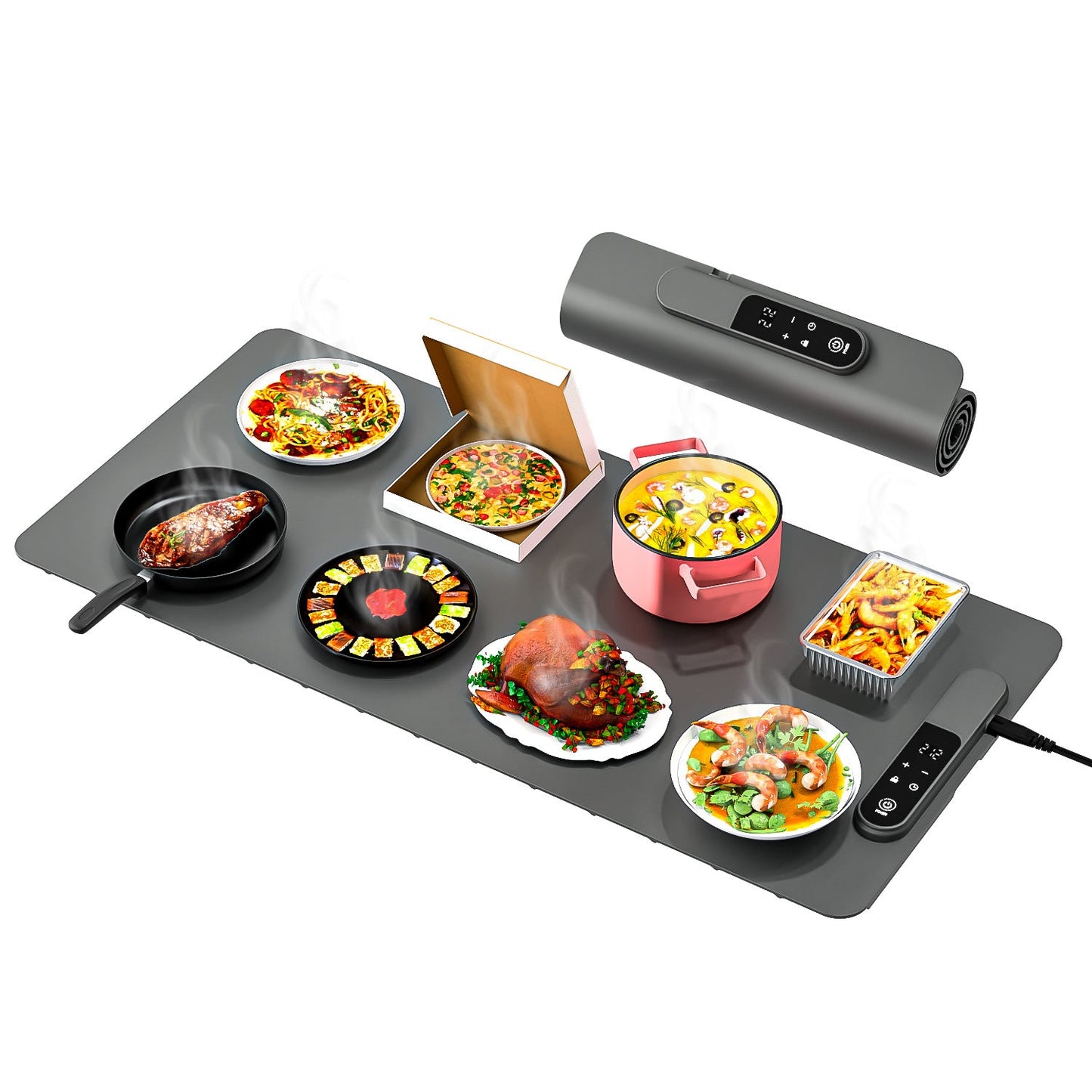Portable electric hot plate with multiple food items on a white background
