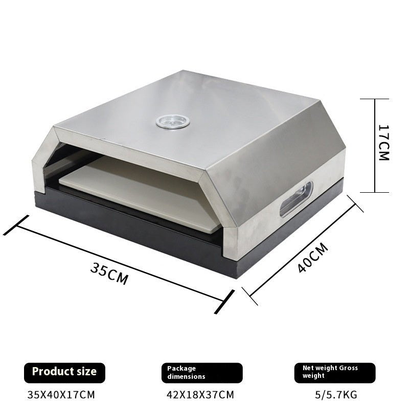 Stainless steel pizza oven with dimensions on a white background