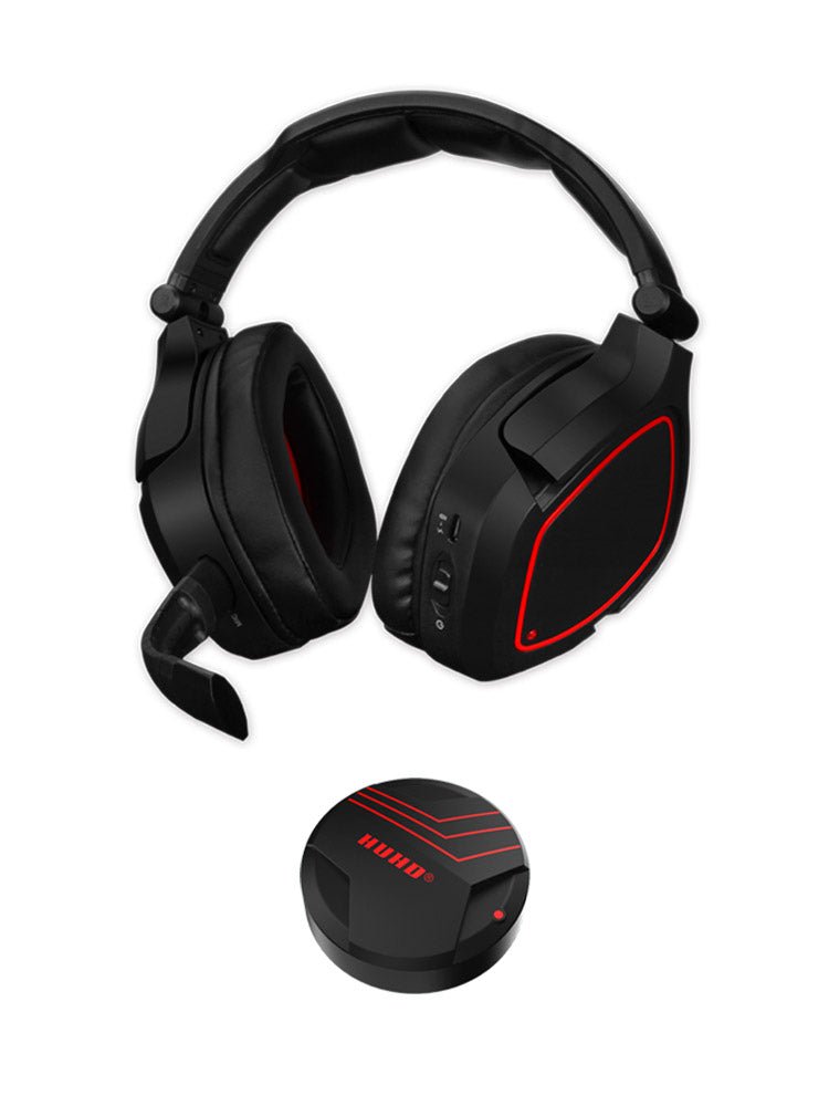 Black gaming headset with red accents and a round control device on a white background