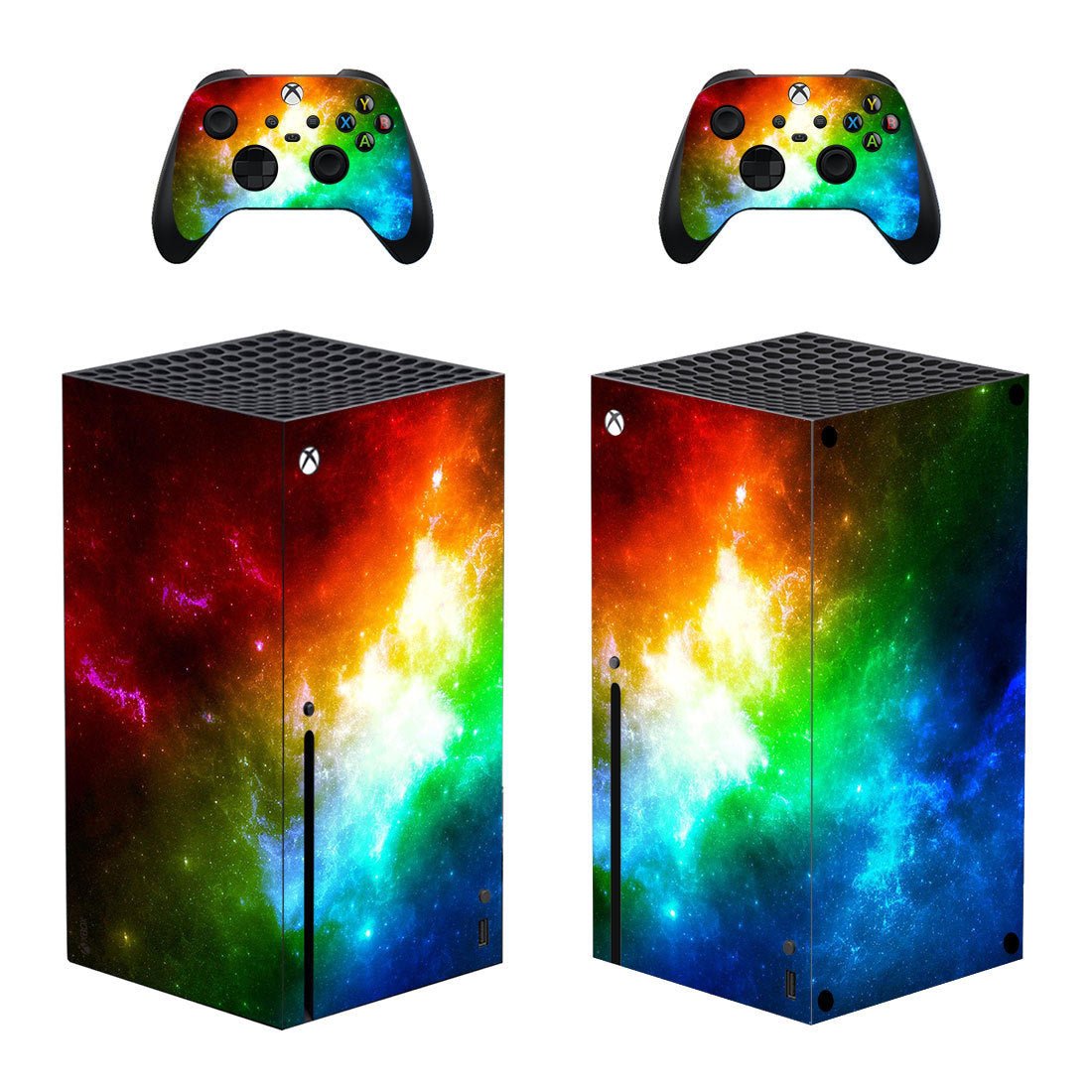 Gaming console and controllers with a colorful nebula design on a white background