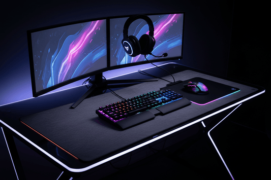 "RGB gaming desk setup with dual monitors, mechanical keyboard, gaming mouse, and headset with LED lighting"