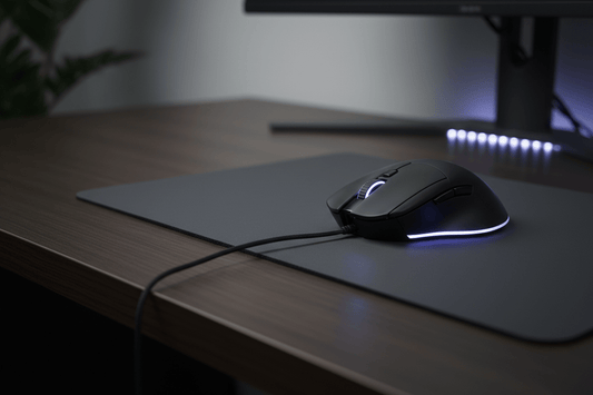 Gaming mouse on a clean desk with subtle RGB lighting