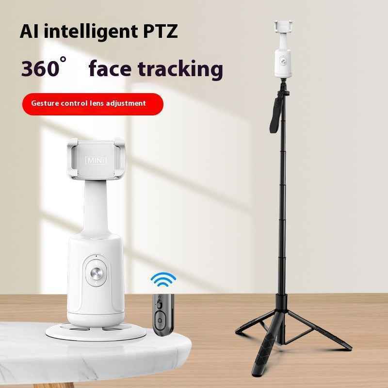 Camera with AI intelligent PTZ and 360° face tracking features on a stand.