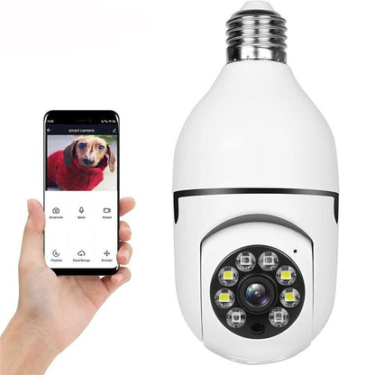 Smart light bulb camera with smartphone displaying camera feed on a white background