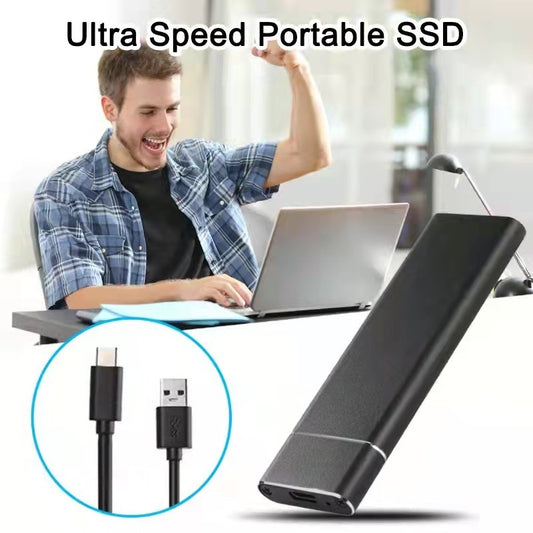 Portable SSD with USB cable and man using laptop in background