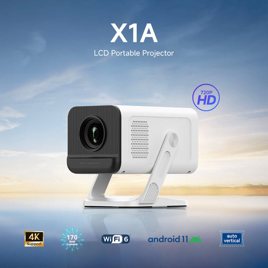X1A LCD Portable Projector with features highlighted on a scenic background
