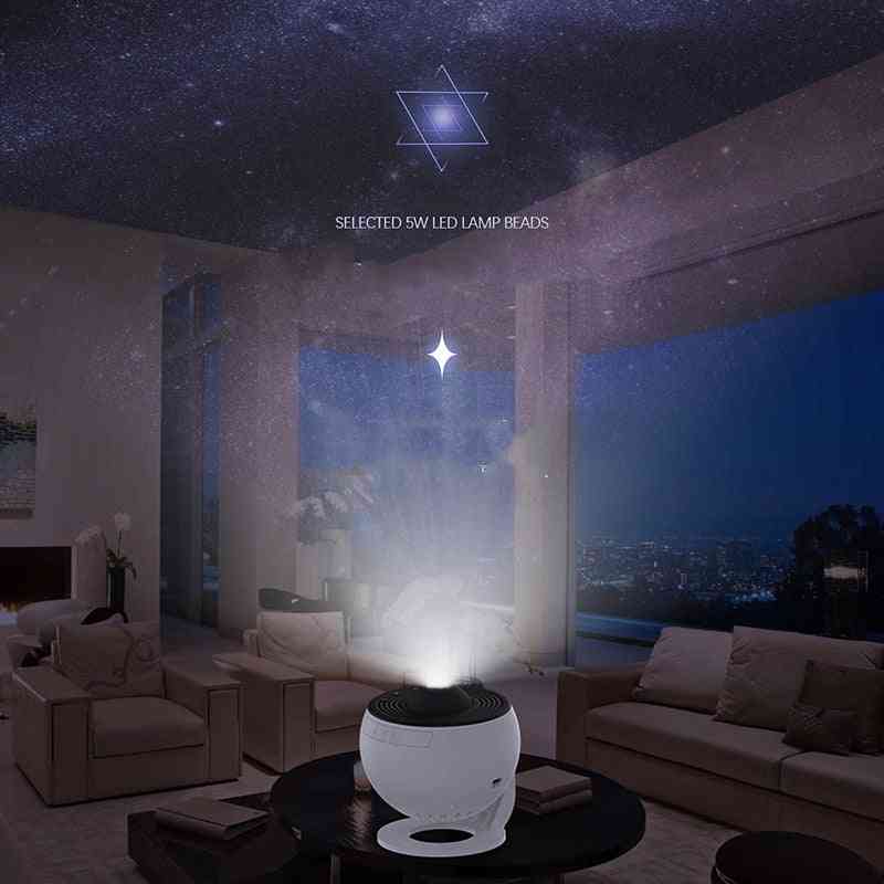 Living room with a starry night sky projector on a table.