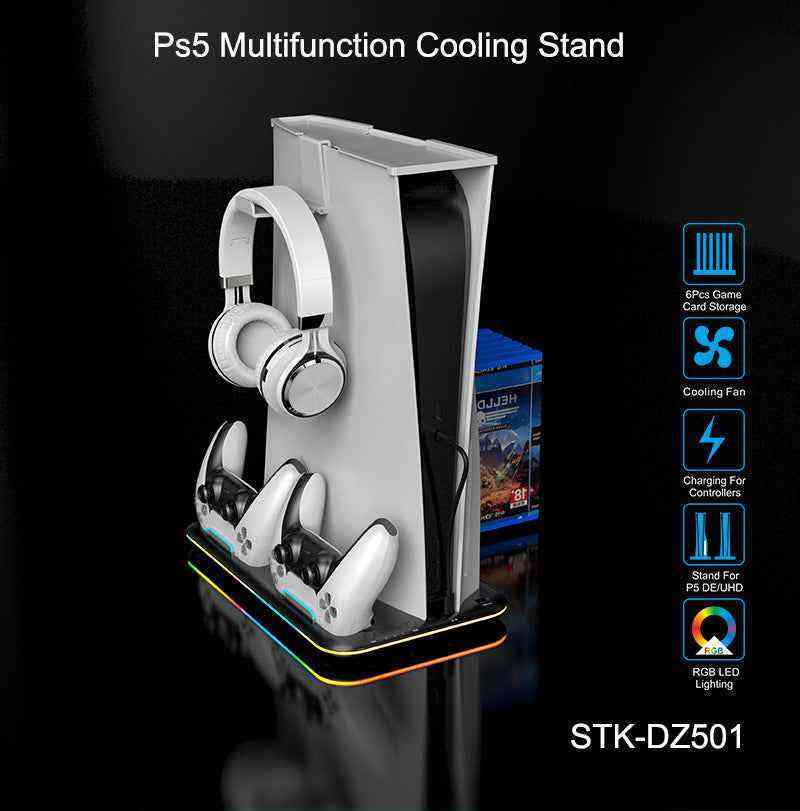 Ps5 Multifunction Cooling Stand with gaming accessories on a black background