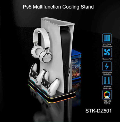 Ps5 Multifunction Cooling Stand with gaming accessories on a black background