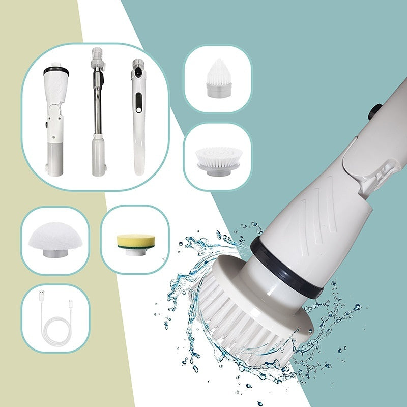 White cleaning brush with interchangeable heads on a blue and beige background