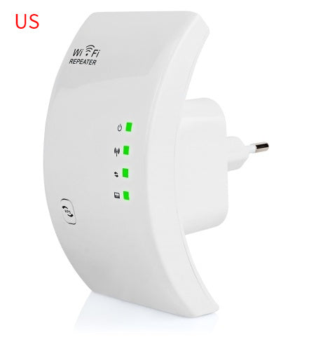 White WiFi repeater with US plug on a white background