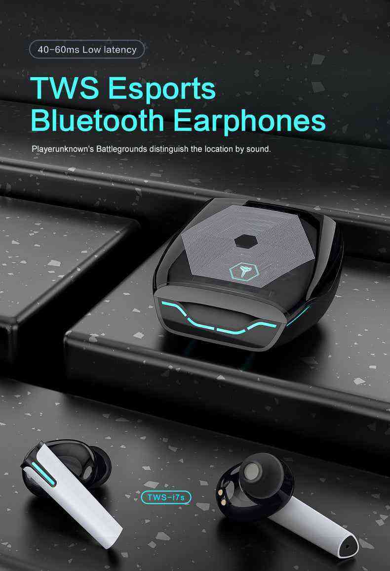 TWS Esports Bluetooth Earphones with charging case on a dark surface