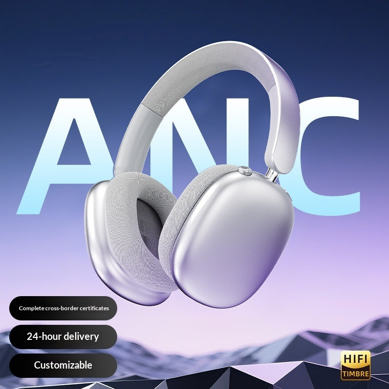 Silver headphones with 'ANC' text on a gradient blue and purple background