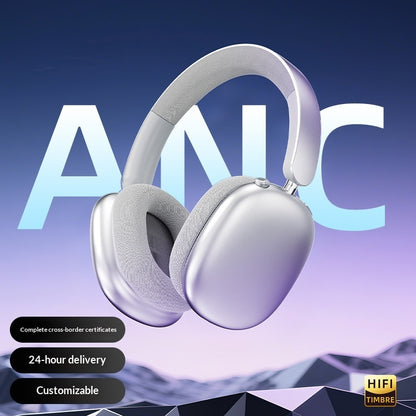 Silver headphones with 'ANC' text on a gradient blue and purple background