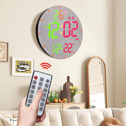 Digital wall clock with remote control in a living room setting