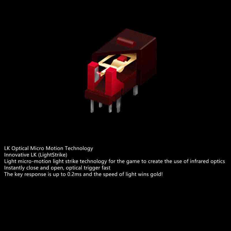 Red and gold mechanical component on a black background with text about LK Optical Micro Motion Technology.