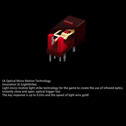 Red and gold mechanical component on a black background with text about LK Optical Micro Motion Technology.