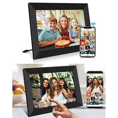 Digital photo frames displaying family photos with smartphone app interfaces on a white background