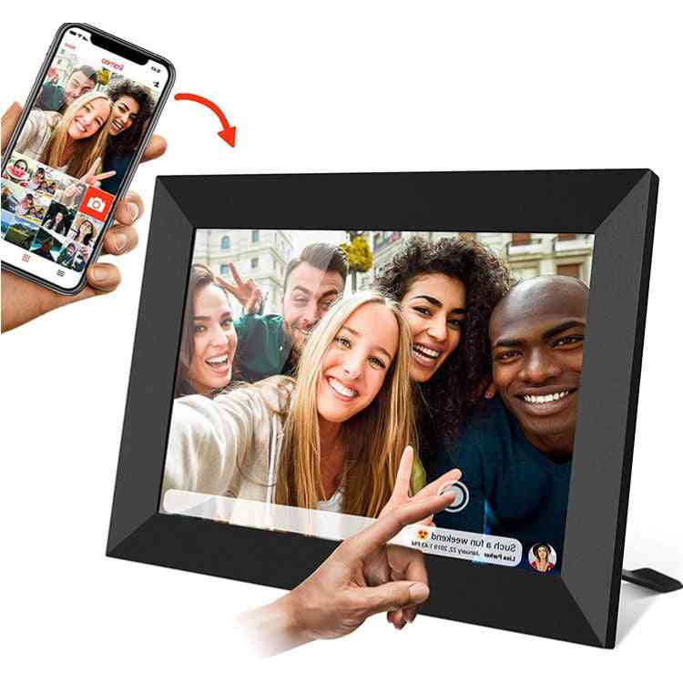Touch Screen Smart WiFi Digital Photo Frame displaying a group selfie with a smartphone showing app interface.