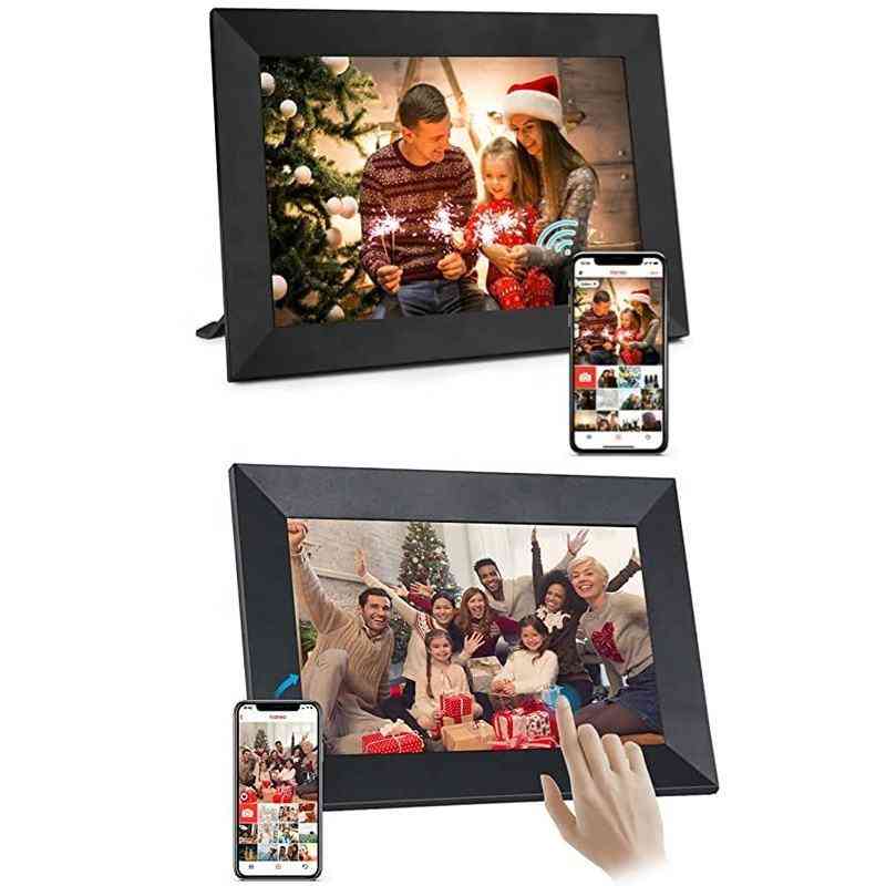 Digital photo frame displaying family photos with smartphone app interface on a white background