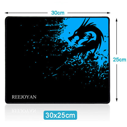 Mouse pad with blue dragon design and REEJOYAN branding, showing dimensions.
