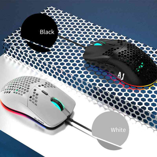 Two gaming mice, one black and one white, on a textured surface.