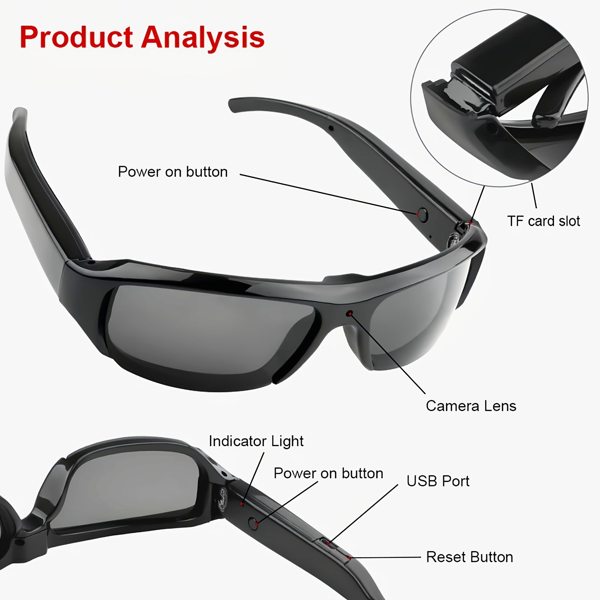 Black sunglasses with labeled features on a white background