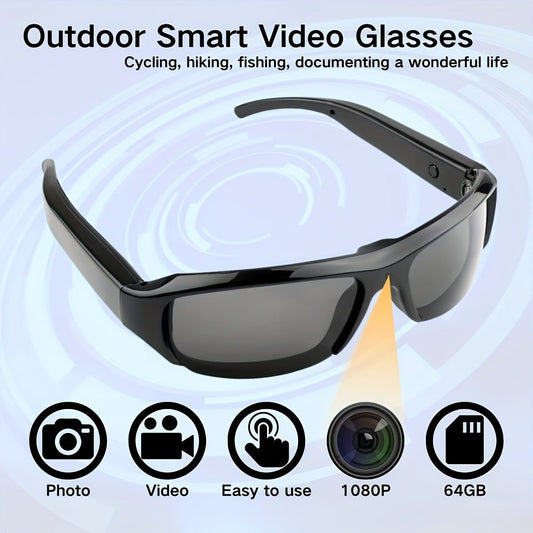 Outdoor Smart Video Glasses with features listed on a light blue background